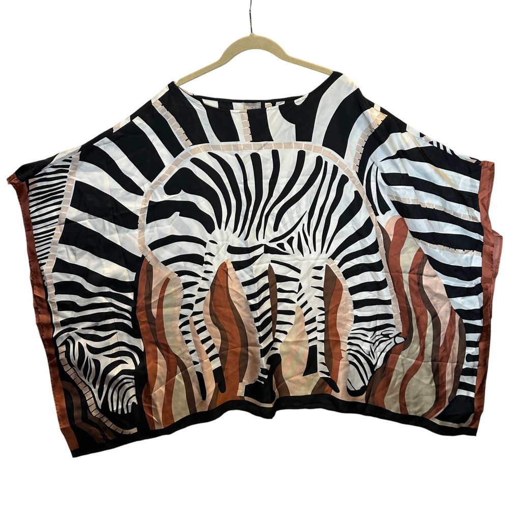 Chico's Silk Zebra Print Kaftan Top Black Brown White L/XL Poncho Blouse
